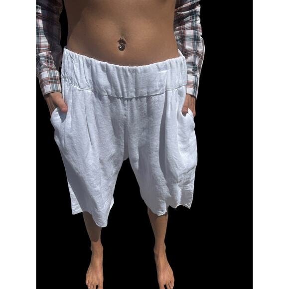 Sand Snow White Linen Blend Elastic Waist Resort Bermuda Shorts Unfinished Hem - Picture 1 of 6